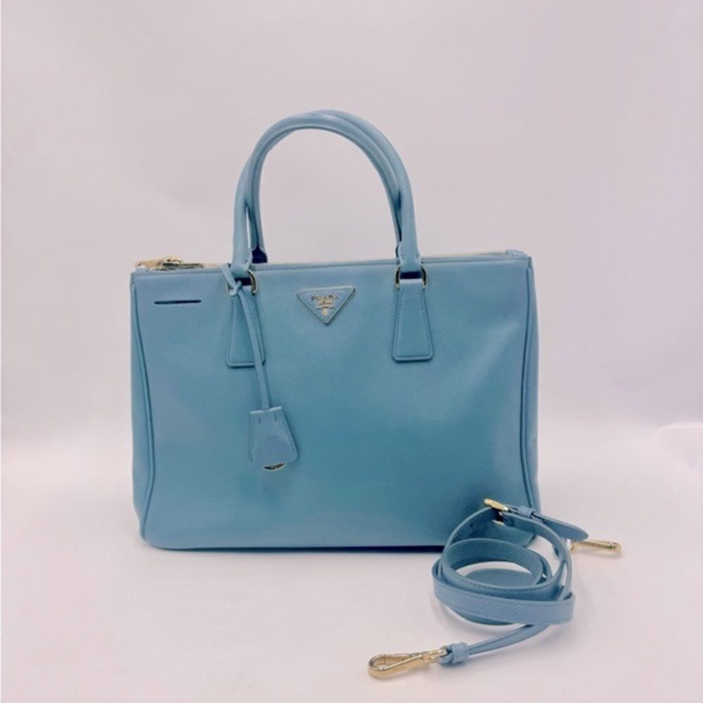 Auth Prada Double Zip Light Blue Saffiano Leather Lux Galleria Tote Bag Preloved
